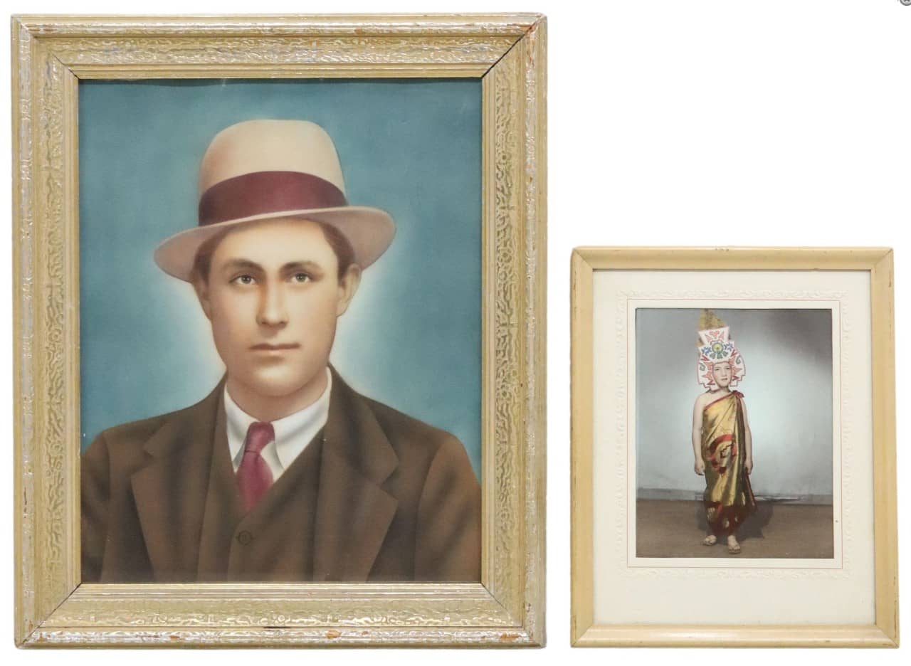 (2) FRAMED HAND-TINTED PHOTOGRAPH & OIL PASTEL DRAWING