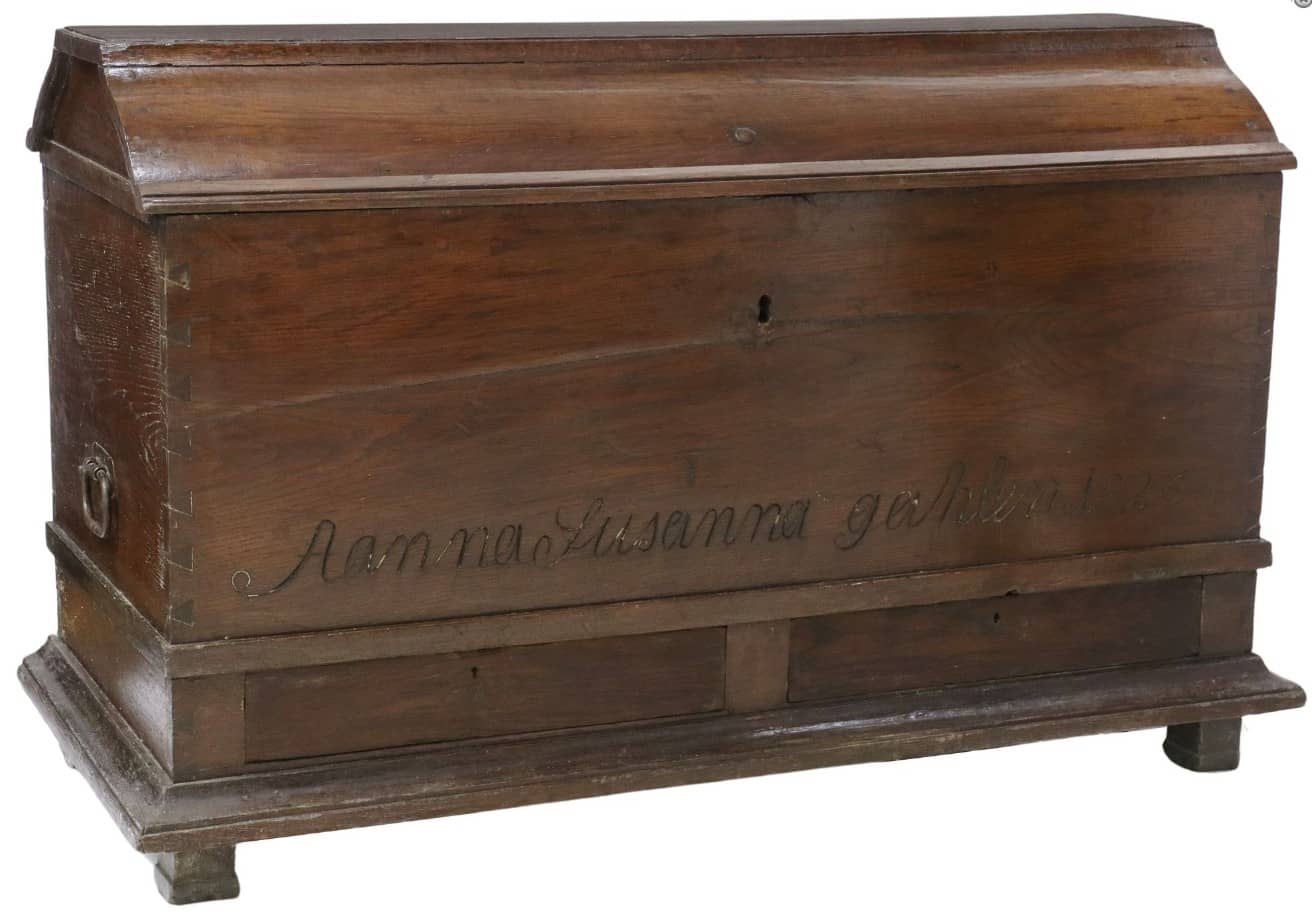 GERMAN CARVED OAK WEDDING CHEST DATED 1826