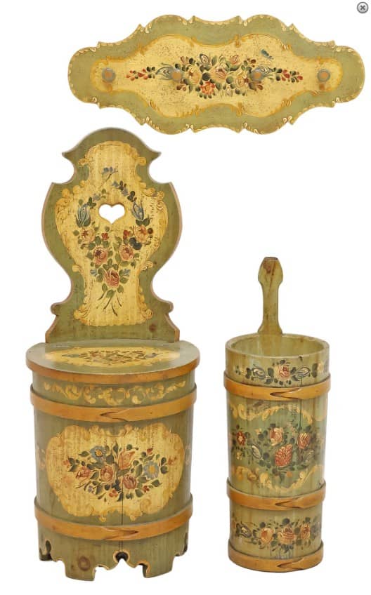 (3) PAINT-DECORATED KUBBESTOL-STYLE SEAT, BUCKET & HALL TREE