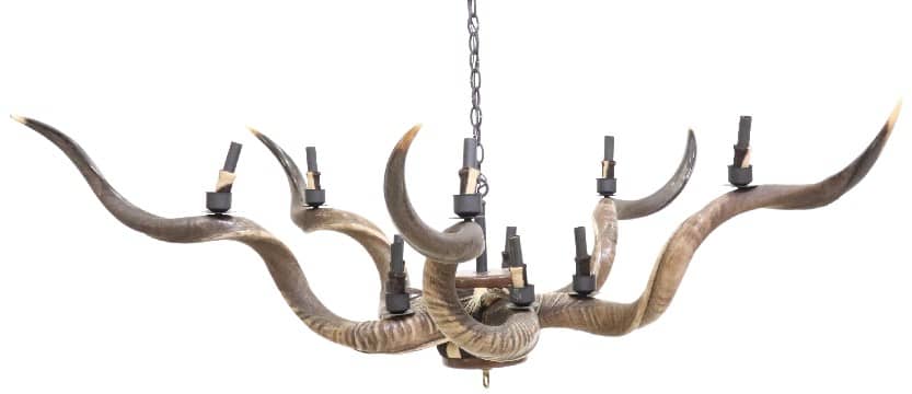 CUSTOM RUSTIC HIDE & KUDU HORN 10-LIGHT CHANDELIER