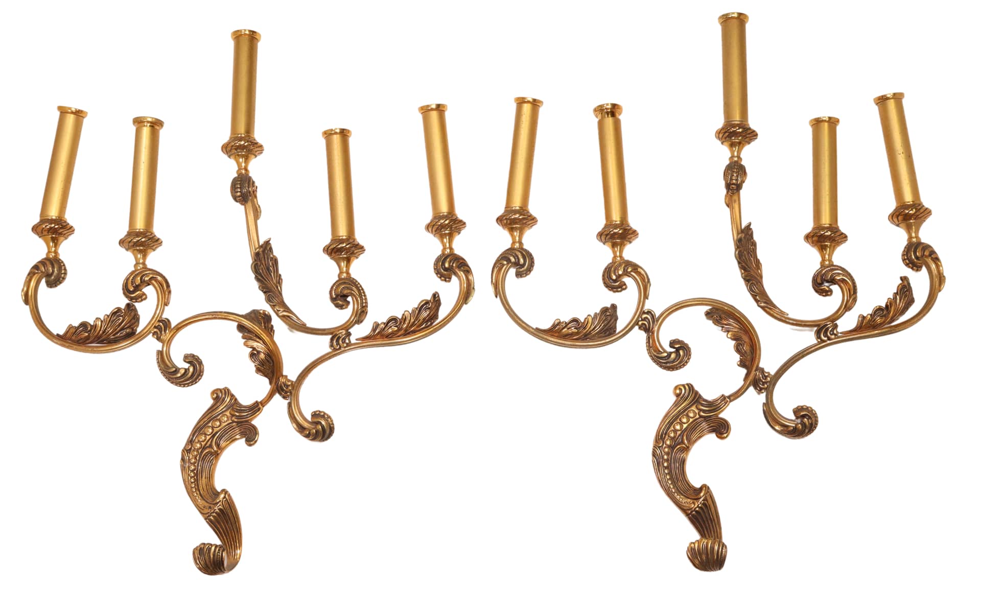 (2) ITALIAN LUMI LOUIS XV STYLE GILT METAL 5-LT WALL SCONCES