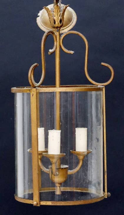 PATINATED METAL & GLASS 3-LIGHT HANGING LANTERN