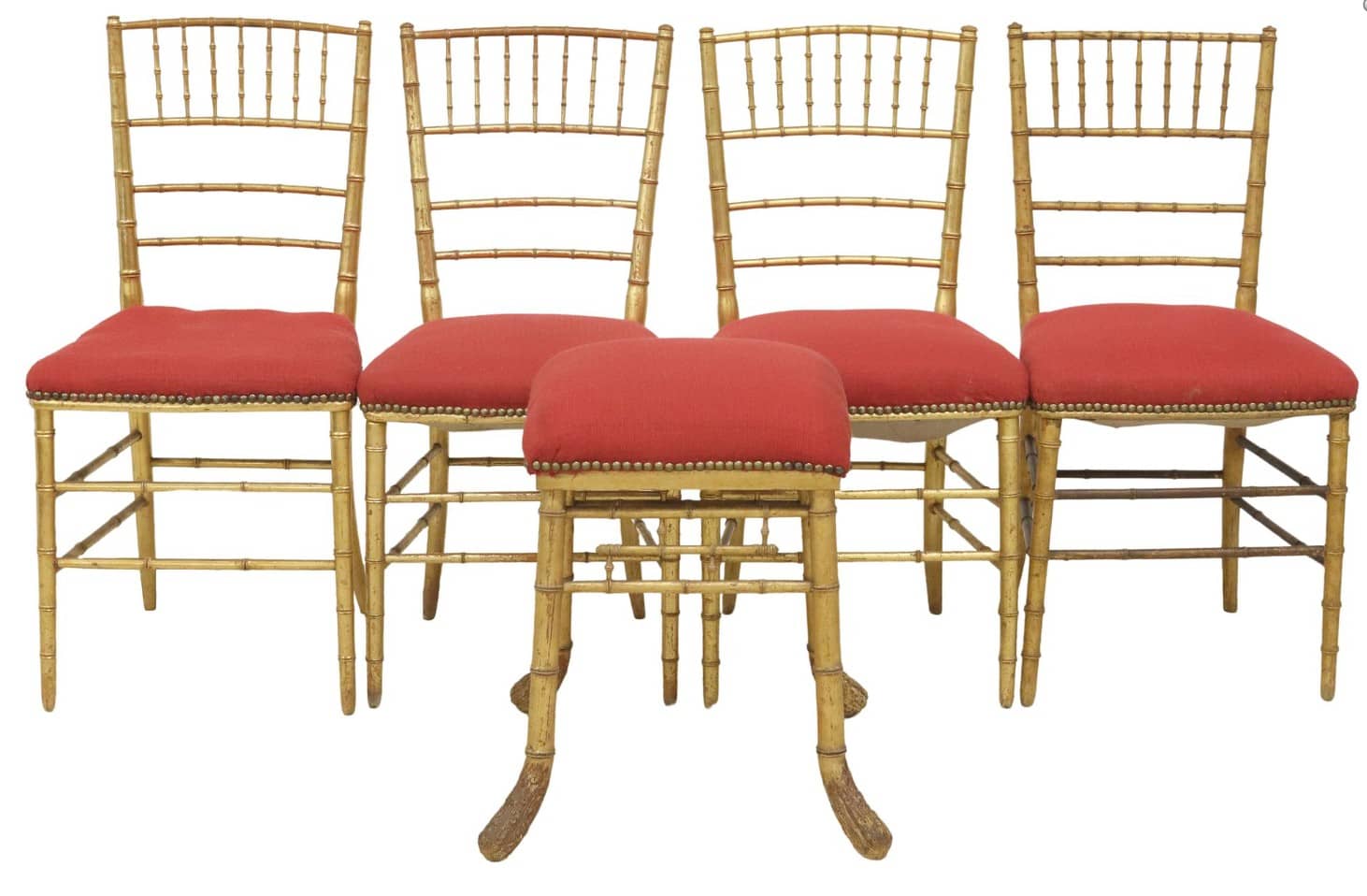 (5) ITALIAN CHIAVARI STYLE GILT PAINTED UPHOLSTERED SIDE CHAIRS & STOOL