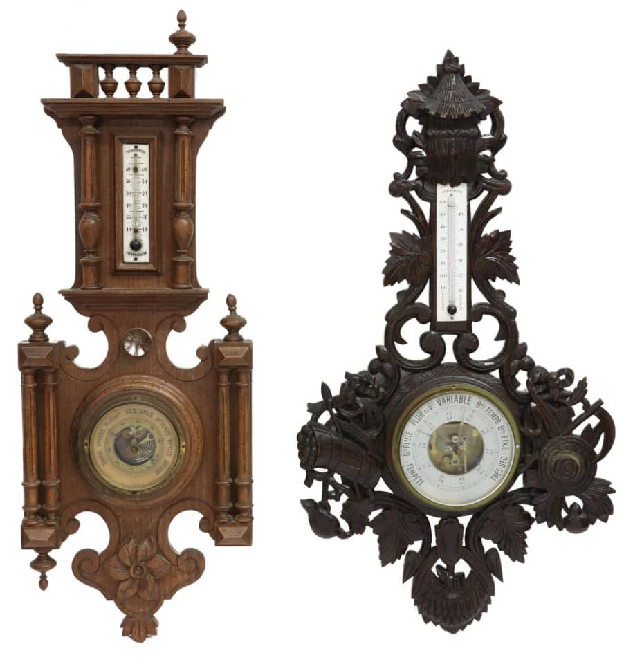 (2) FRENCH CARVED WOOD THERMOMETERS & BAROMETERS