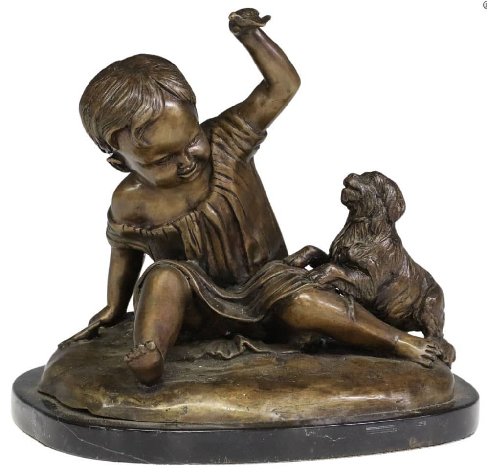 PATINATED BRONZE SCULPTURE YOUNG CHILD & DOG