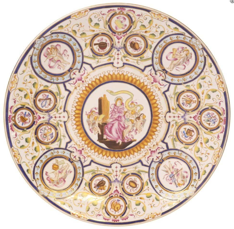LARGE RENAISSANCE STYLE PARCEL-GILT PORCELAIN CHARGER, ST. CECILIA
