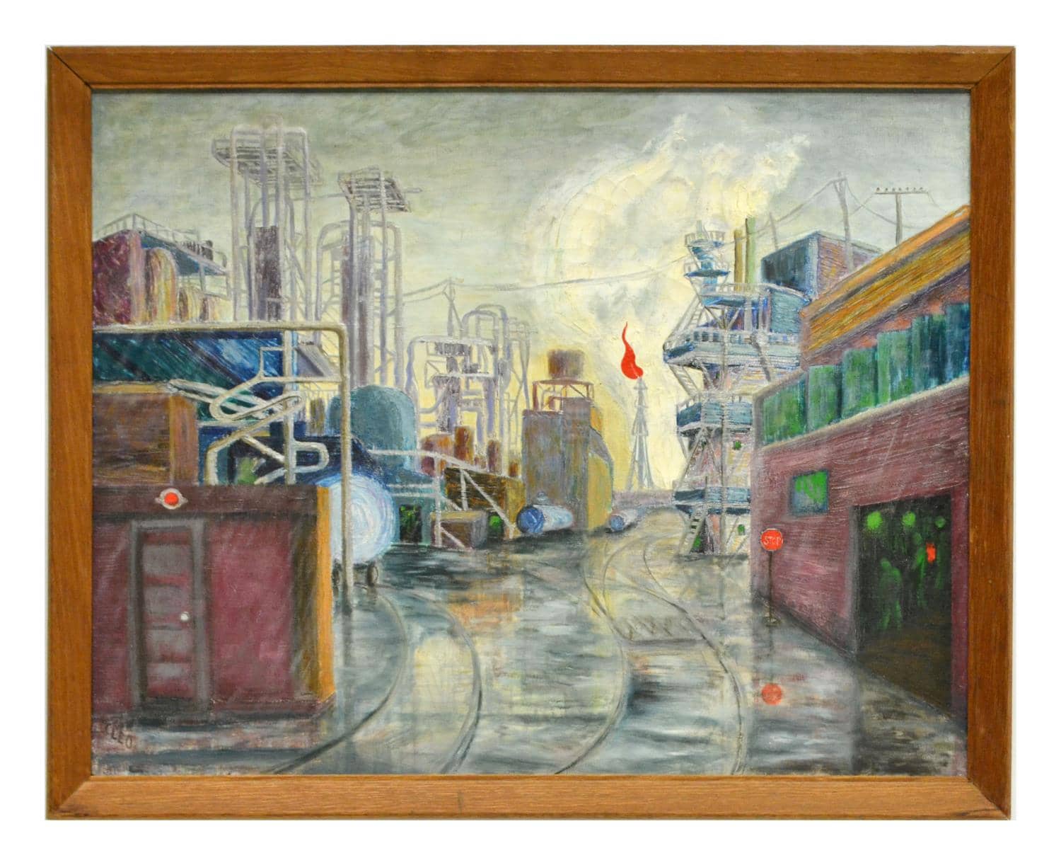 FRAMED INDUSTRIAL LANDSCAPE PAINTING BY CLEO