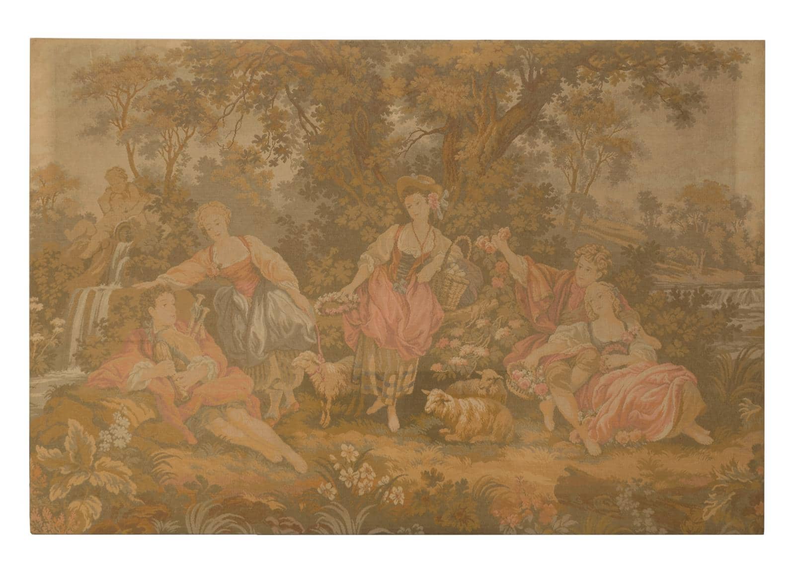 French wall tapestry mounted on board, early 20th c., floral border enclosing a