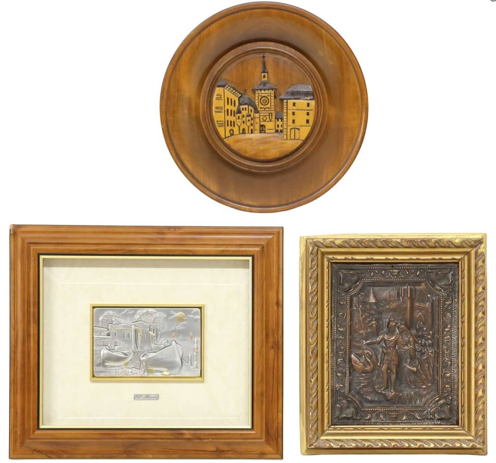 (3) ITALIAN ENGRAVED STERLING PLAQUE, COPPER REPOUSSE PANEL & CARVED PLATE