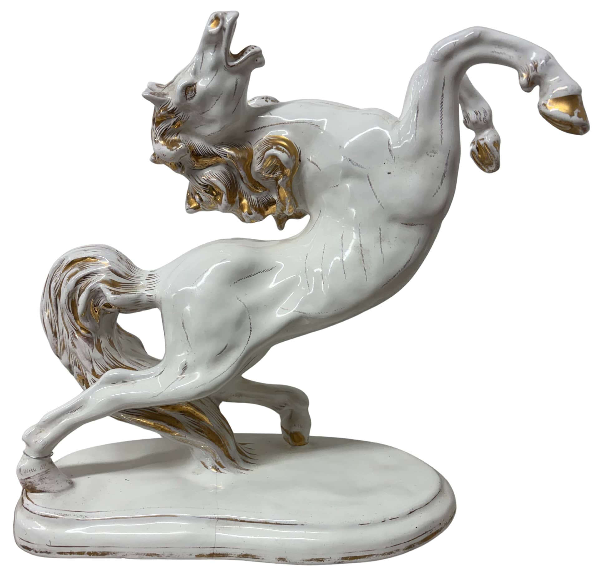 ITALIAN PARCEL-GILT CERAMIC REARING HORSE FIGURE
