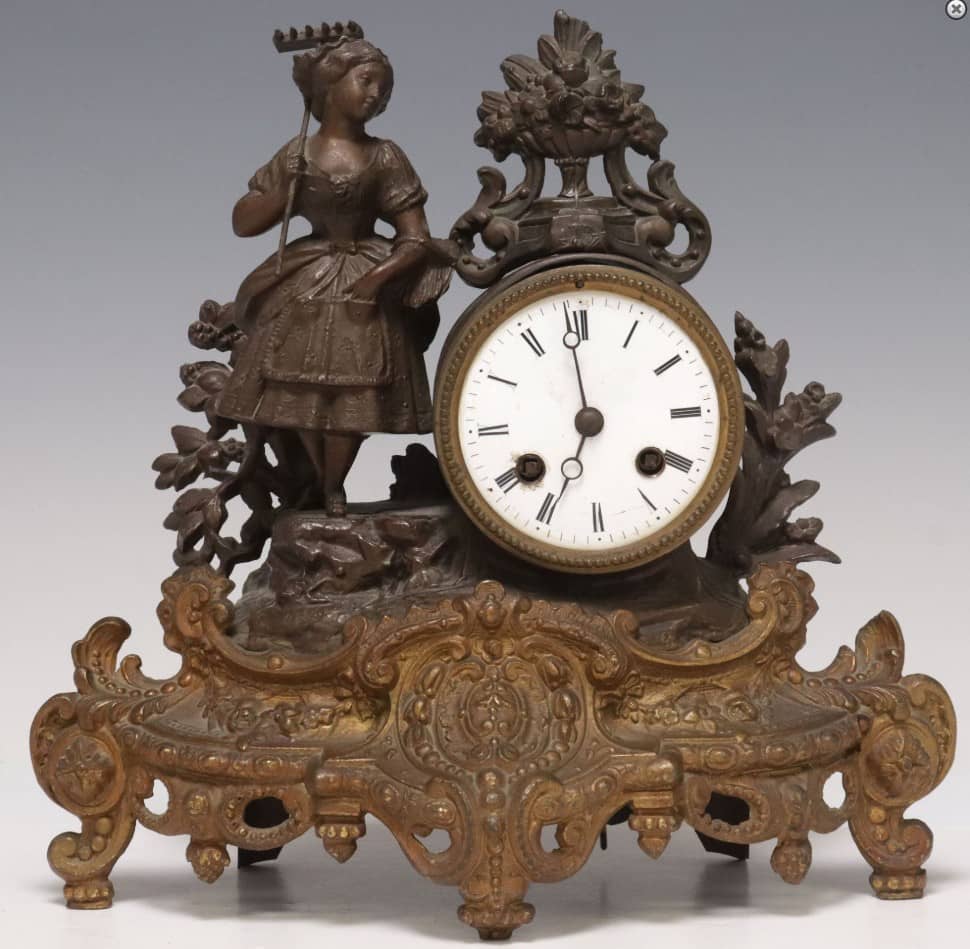 FRENCH JAPY FRERES PATINATED & GILT METAL FIGURAL MANTEL CLOCK