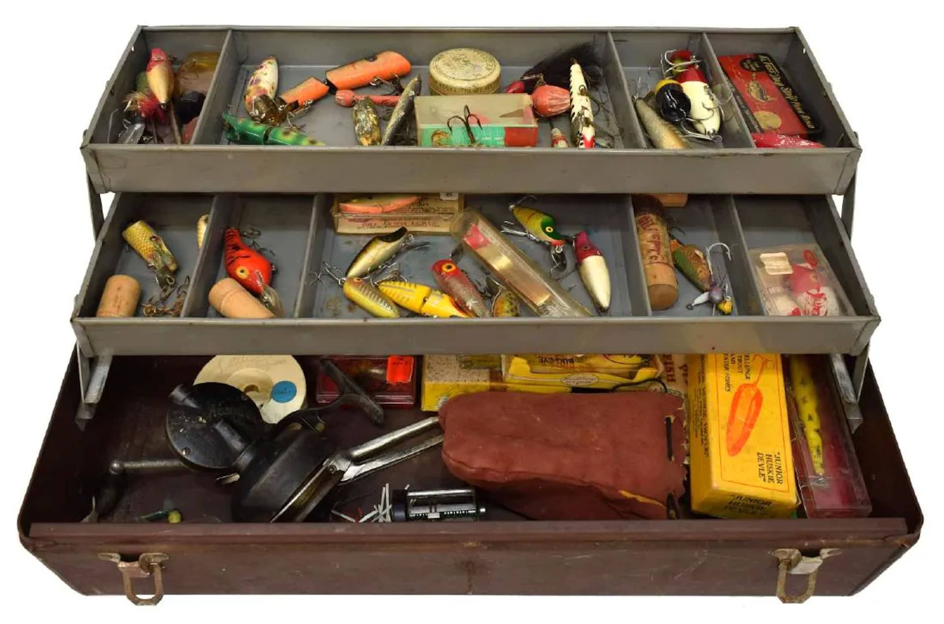 VINTAGE FISHING TACKLE, BOX, 1909 PAT DATE REEL