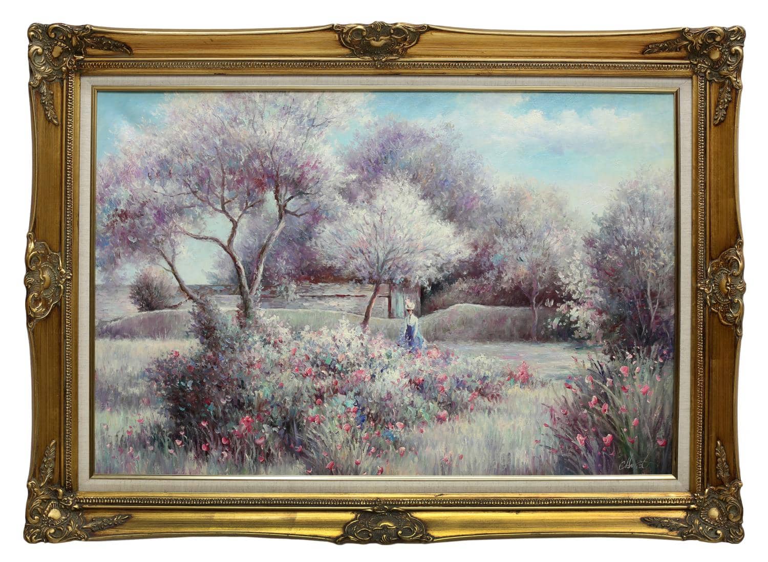 FRAMED OIL PAINTING, IMPRESSIONIST WOMAN IN FIELD