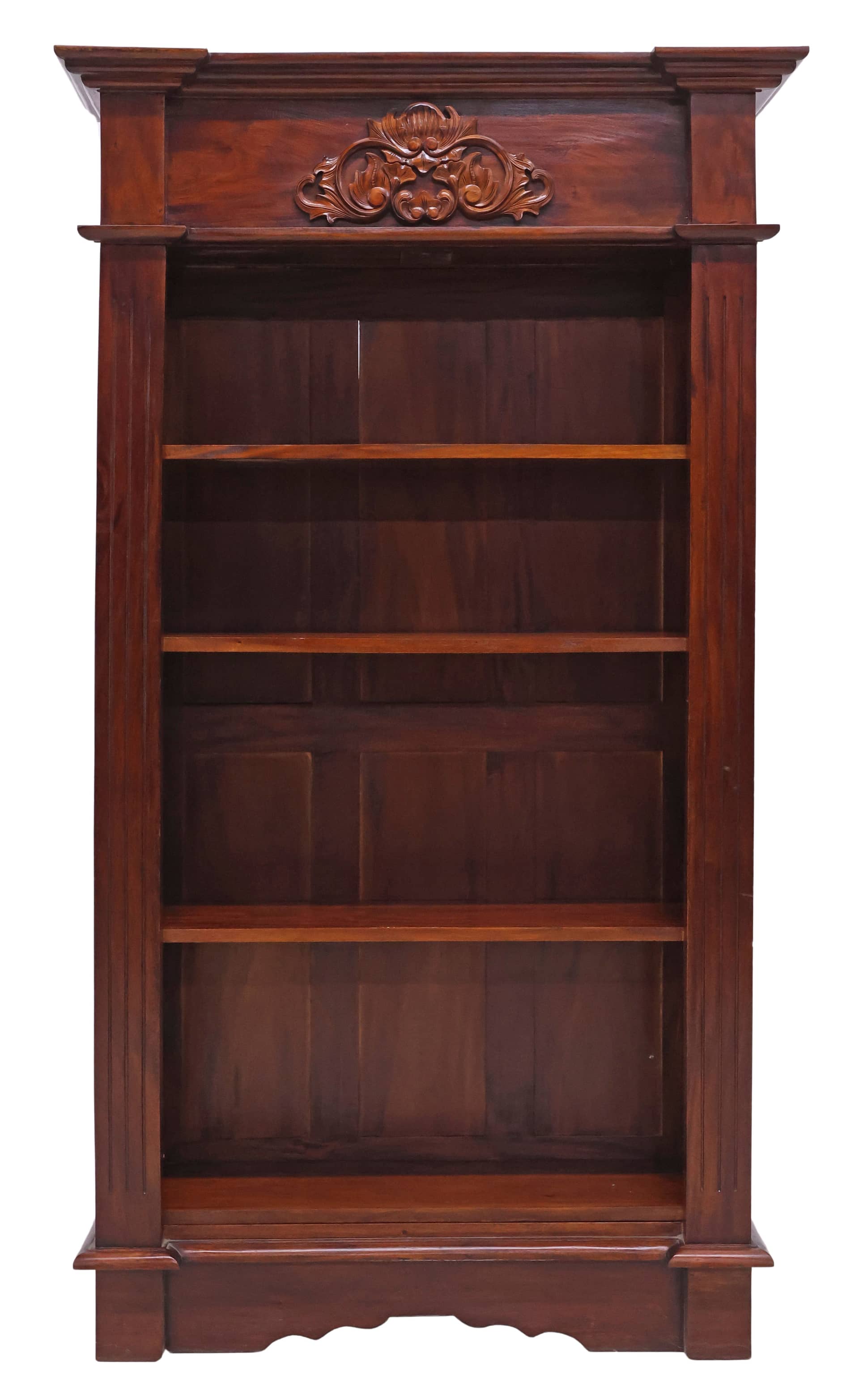 INDONESIAN MAHOGANY SCROLLED CREST BOOKCASE