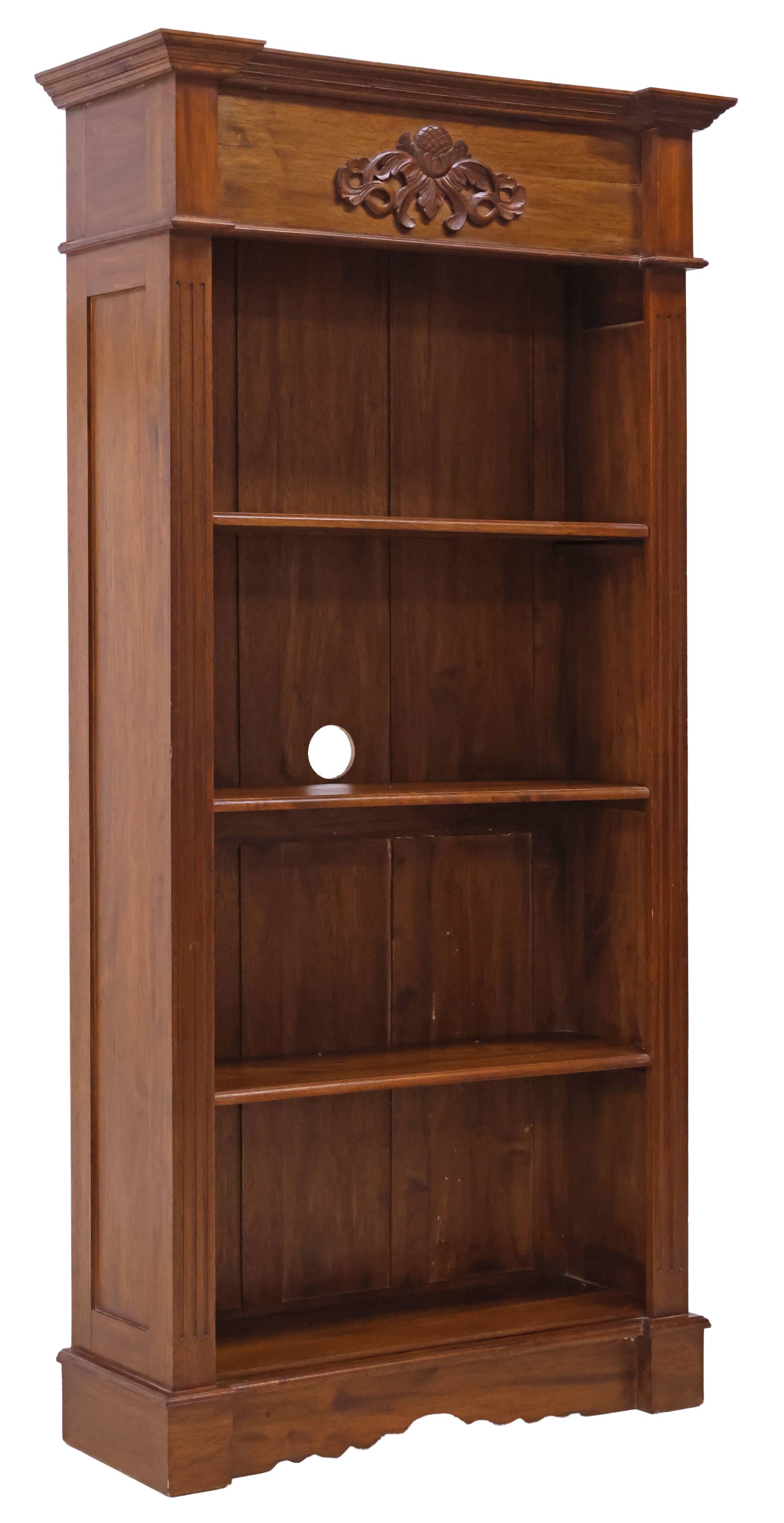 INDONESIAN TEAK SCROLLED CREST BOOKCASE