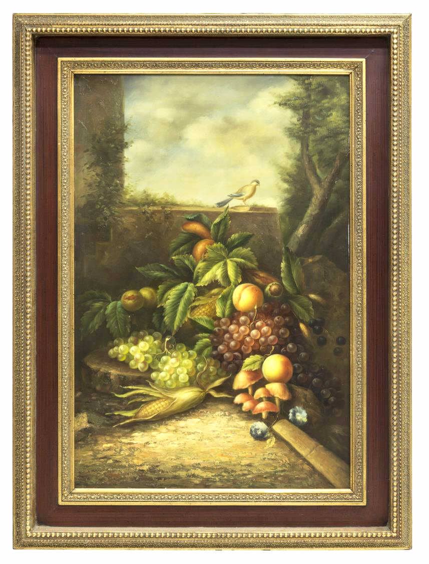 FRAMED OIL PAINTING, STILL LIFE WITH BIRD, 20TH C