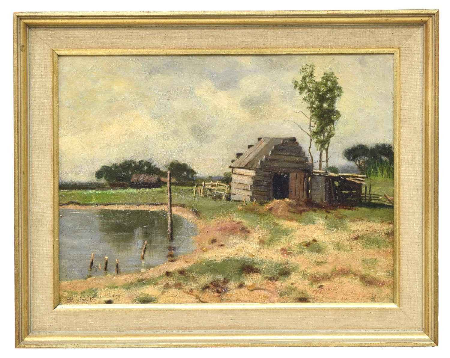 FRAMED OIL ON CANVAS PAINTING OF A LOG CABIN