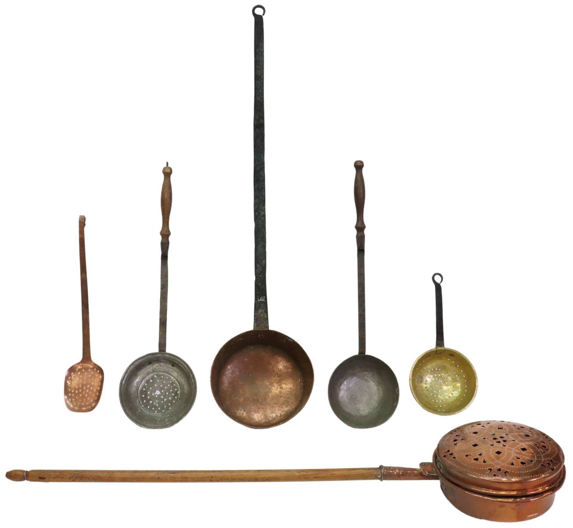 6) FRENCH METAL BED WARMERS & SLOTTED SPOONS