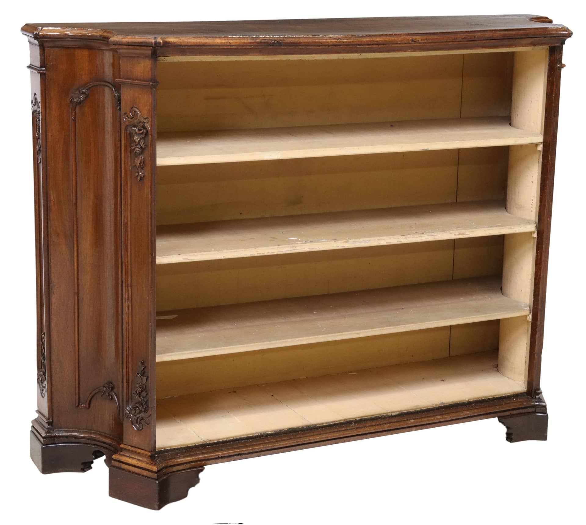 ITALIAN CARVED WALNUT OPEN SHELVED BOOKCASE