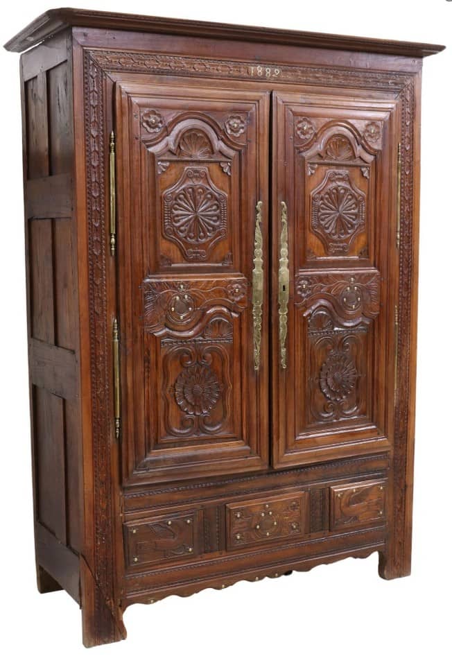 FRENCH PROVINCIAL HEAVILY CARVED OAK ARMOIRE, 1882