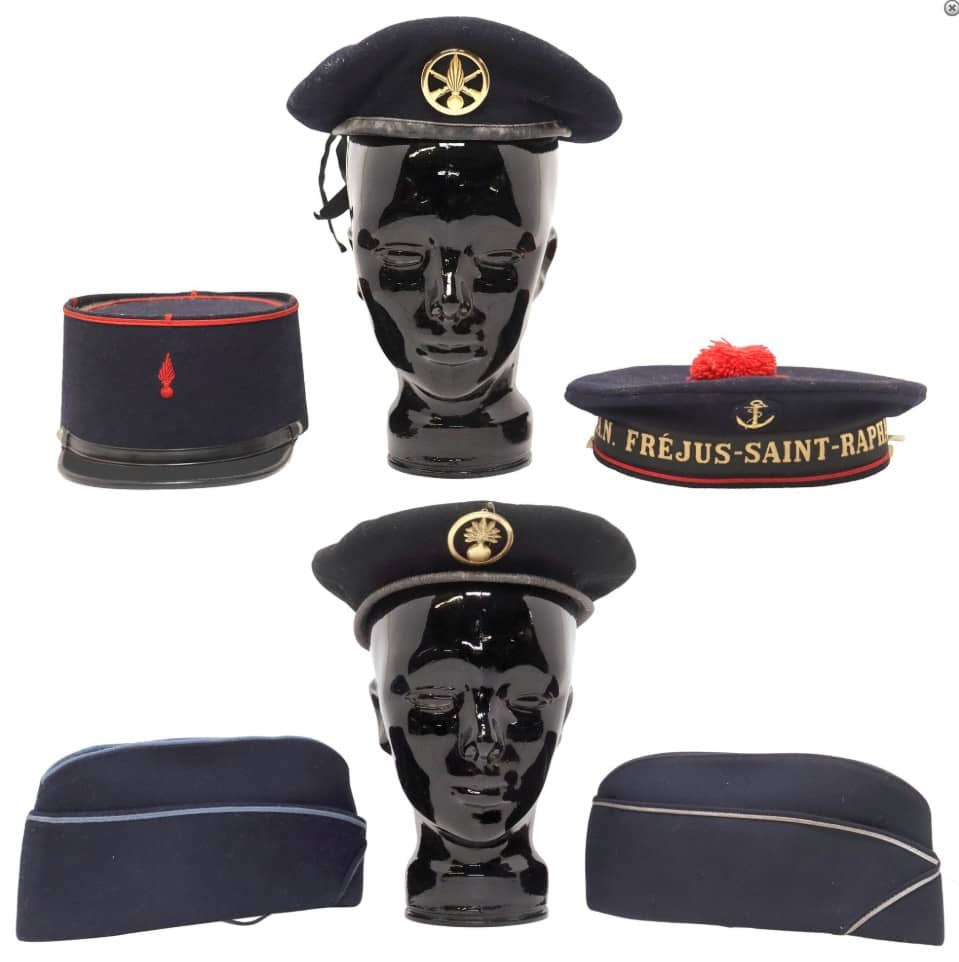 (6) FRENCH MILITARY HATS, FOREIGN LEGION BERETS & KEPI, SIDE CAPS & TAM O' SHAN