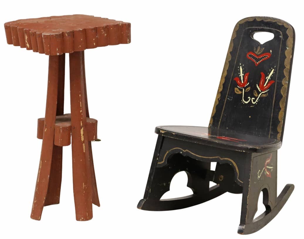(2) AMERICAN CHILD'S ROCKER & TRAMP ART PALM FROND SIDE TABLE