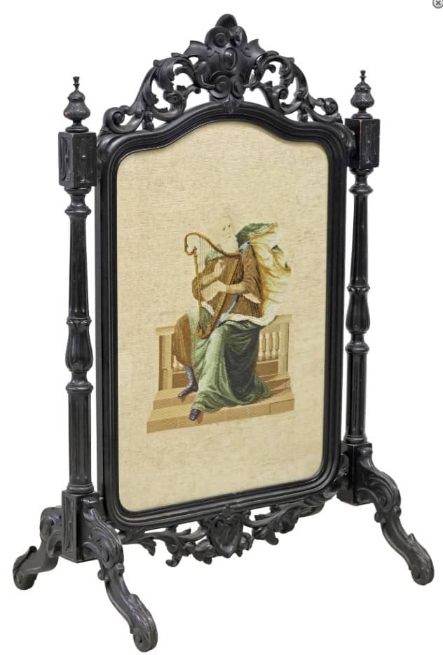 FINE VICTORIAN FIREPLACE SCREEN WITH BEADED NEEDLEPOINT INSERT