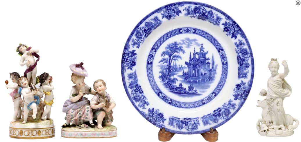 (4) GERMAN PORCELAIN FIGURAL GROUPS, DERBY 'EUROPE' FIGURE & CHARGER