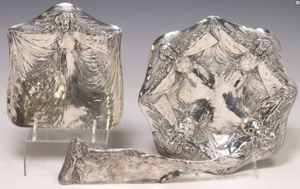 (3) JAMES W. TUFTS ART NOUVEAU SILVERPLATE CRUMBER & TRAY