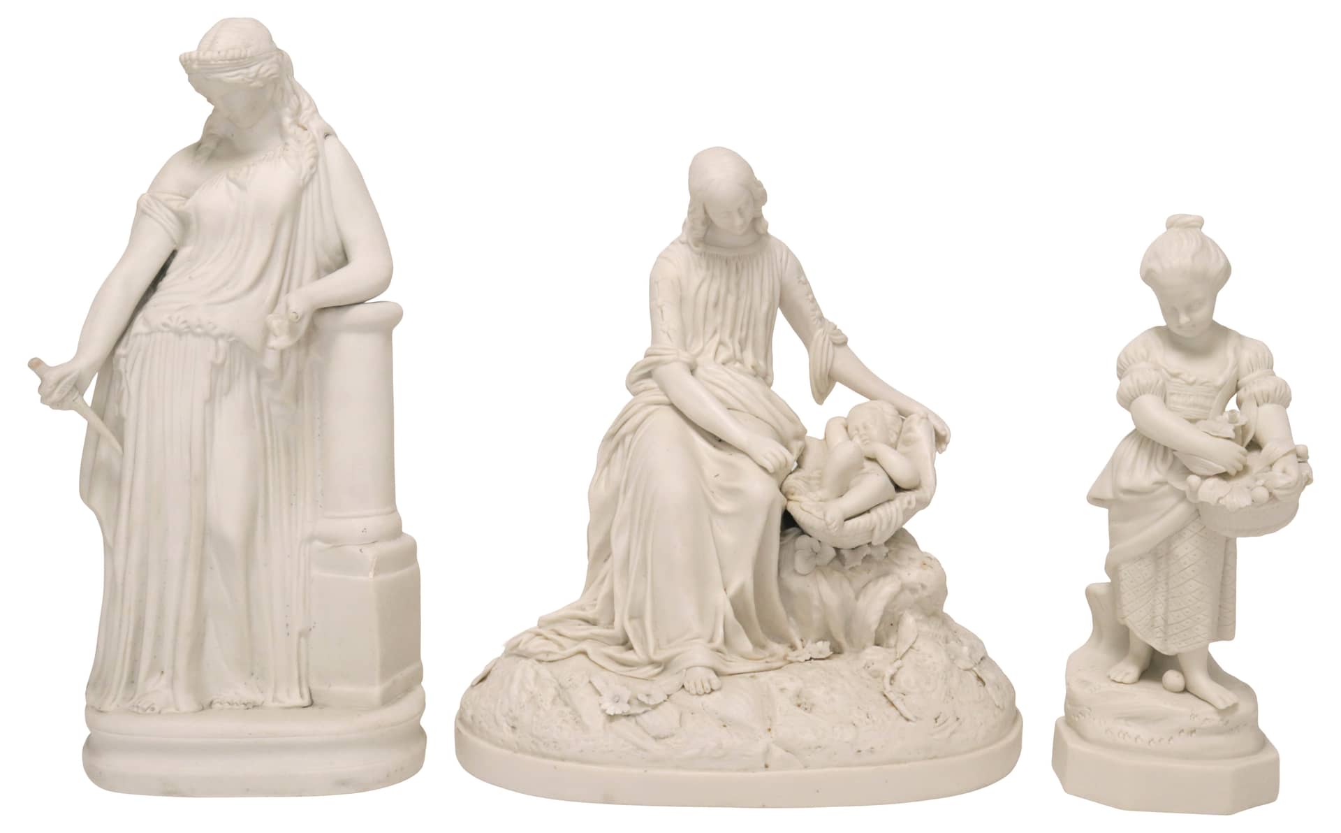 (3) PARIAN WARE PORCELAIN FIGURES, MADONNA, MEDEA & FLOWER GIRL