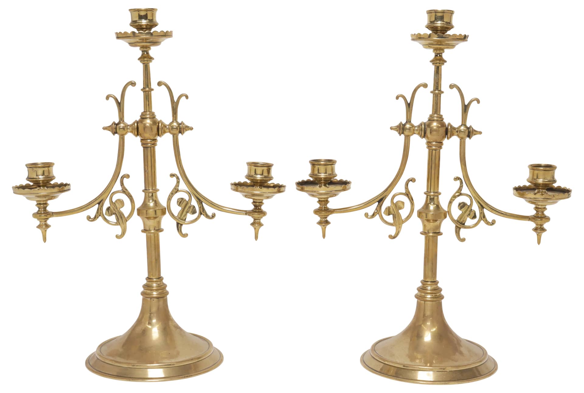 (2) ENGLISH EDWARDIAN BRASS 3-LIGHT CANDELABRA
