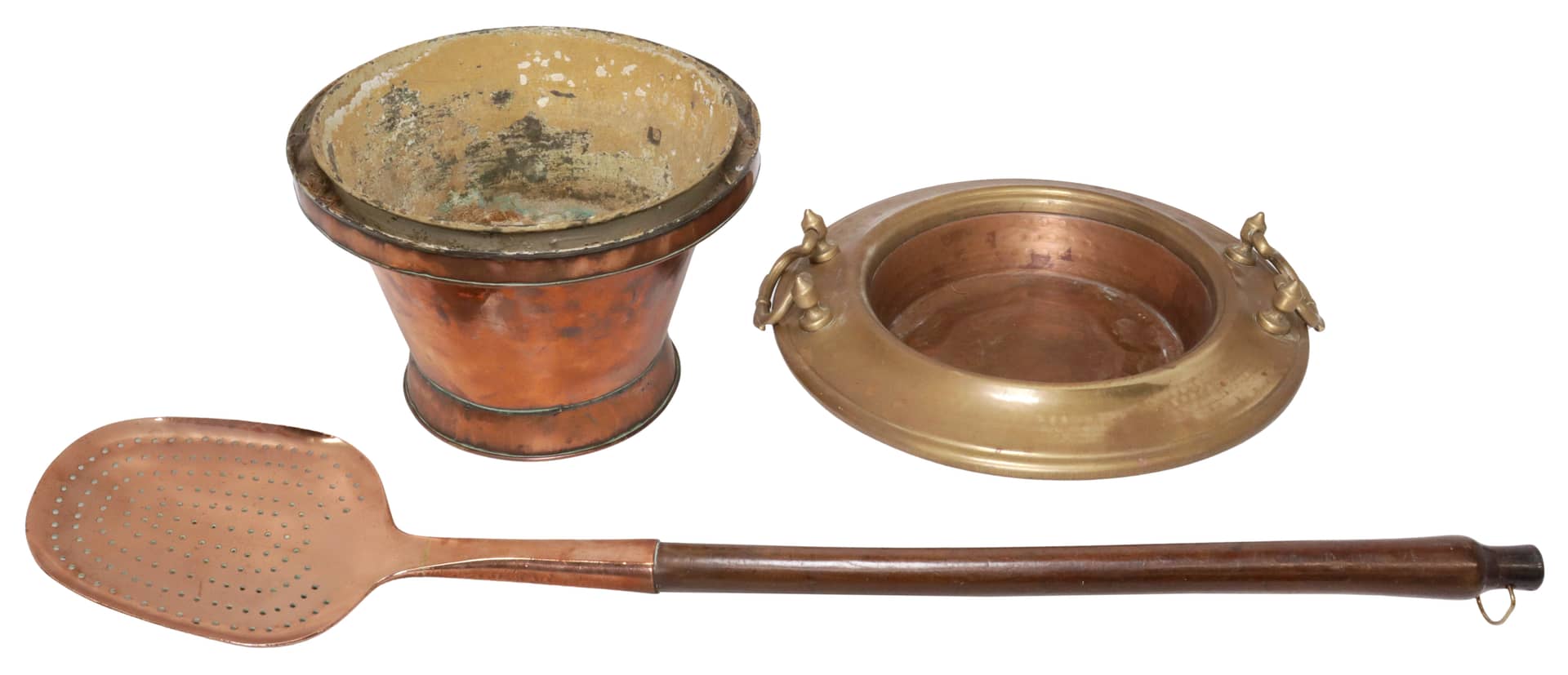 (3) ENGLISH COPPER HOUSEWARE, BRAZIER, SKIMMER & LINED BUCKET