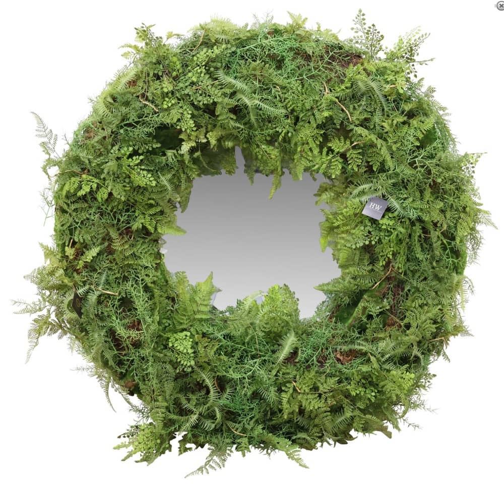 CONTEMPORARY FAUX FERN & MOSS WREATH-FRAMED MIRROR, 40"DIAM