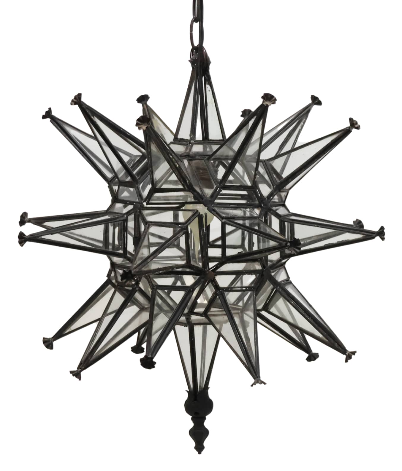 VARIED IRON & GLASS MORAVIAN STAR HANGING PENDANT LIGHT, MEXICO
