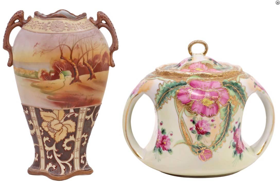 (2) NIPPON HAND-PAINTED MORIAGE PORCELAIN VASE & BISCUIT JAR, 1 ATTRIB.