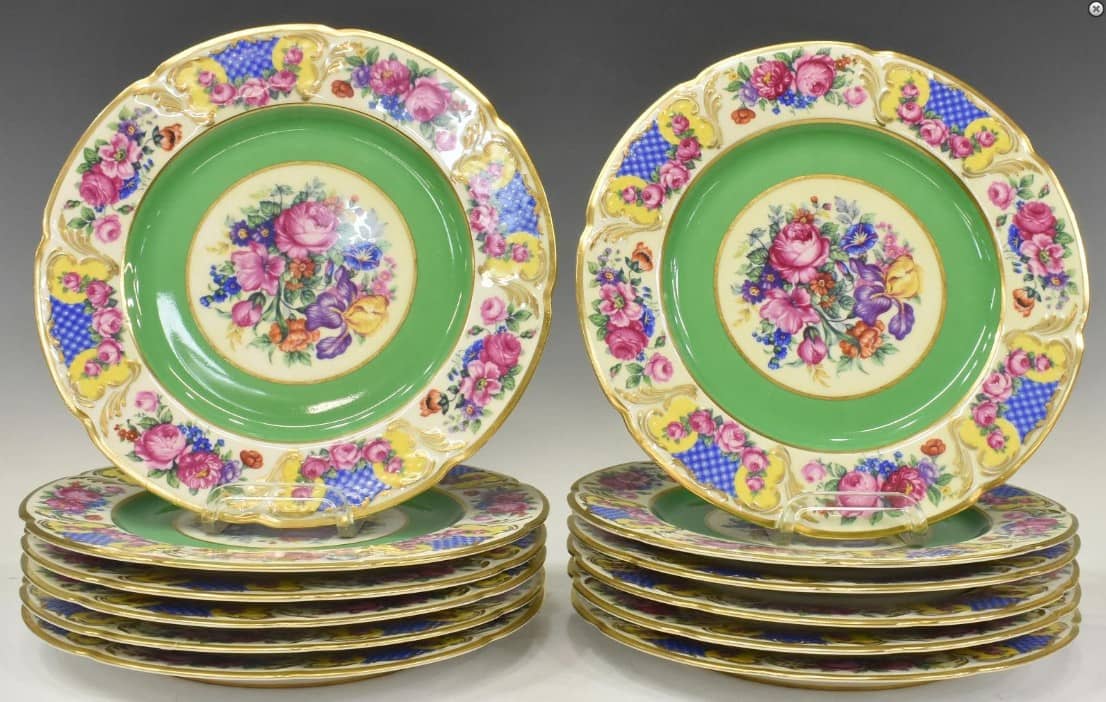 (12) CZECH BLACK KNIGHT PARCEL-GILT PORCELAIN CHARGERS