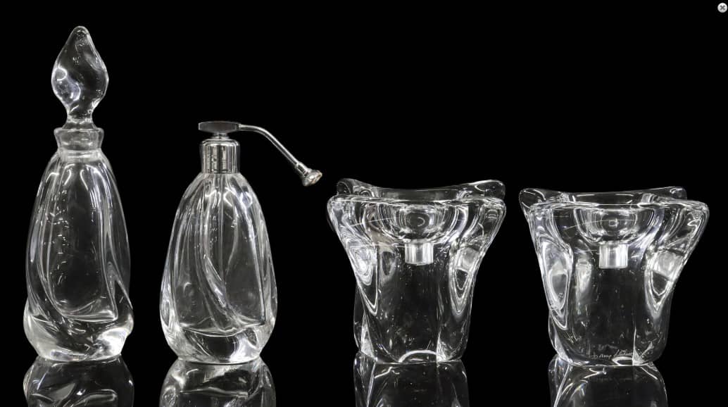 (4) FRENCH DAUM ART CRYSTAL CANDLESTICK HOLDERS & 'HEBE' SCENT BOTTLES