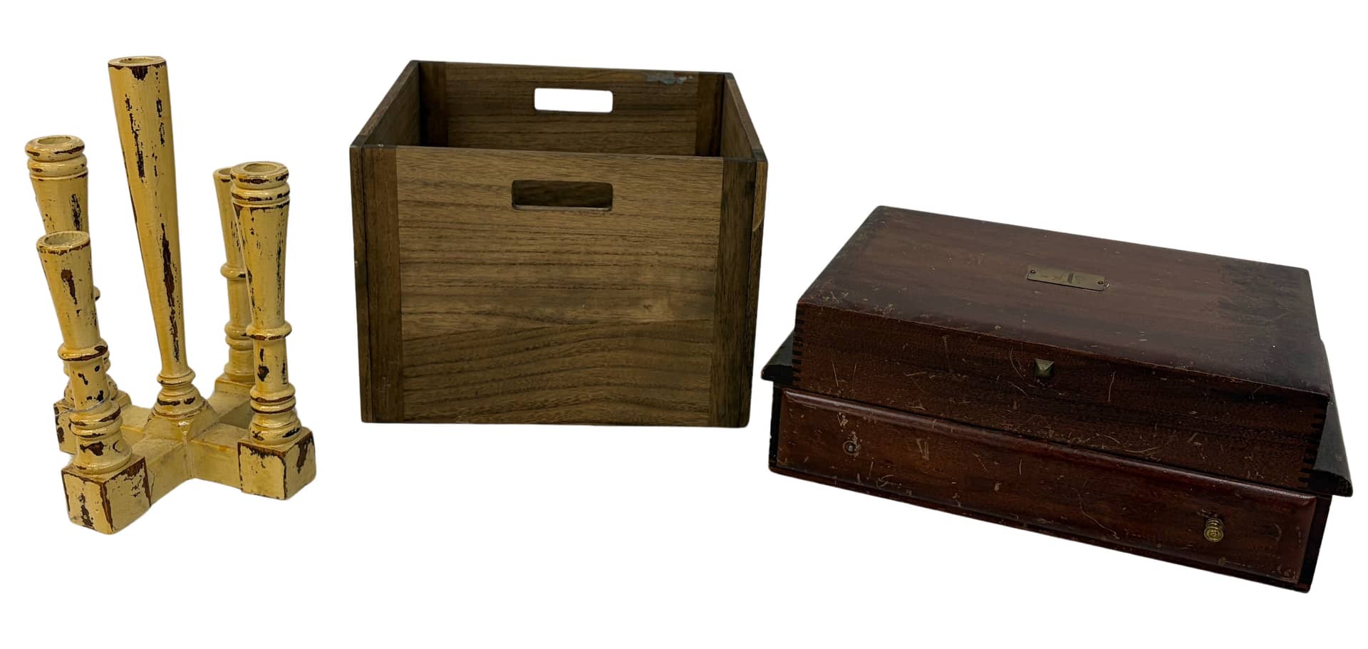 (3) MAHOGANY FLATWARE BOX, 5-LIGHT CANDELABRA & STORAGE CONTAINER