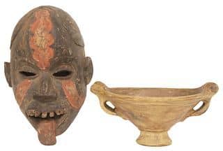 (2) DECORATIVE AFRICAN CARVED MASK & CERAMIC CENTERPIECE BOWL