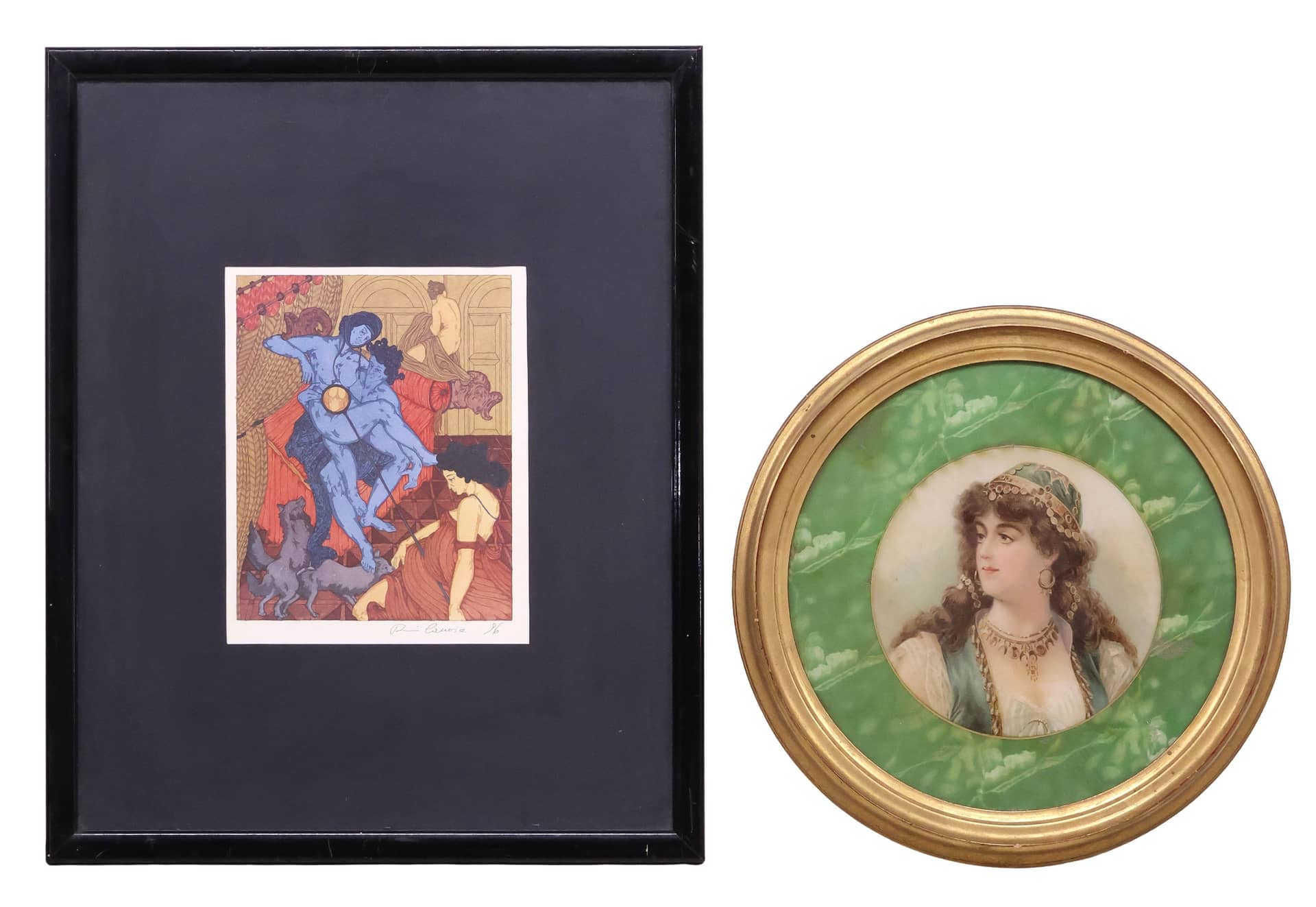 (2) FRAMED PRINTS, ART NOUVEAU STYLE COUPLE & BOHEMIAN FEMALE PORTRAIT