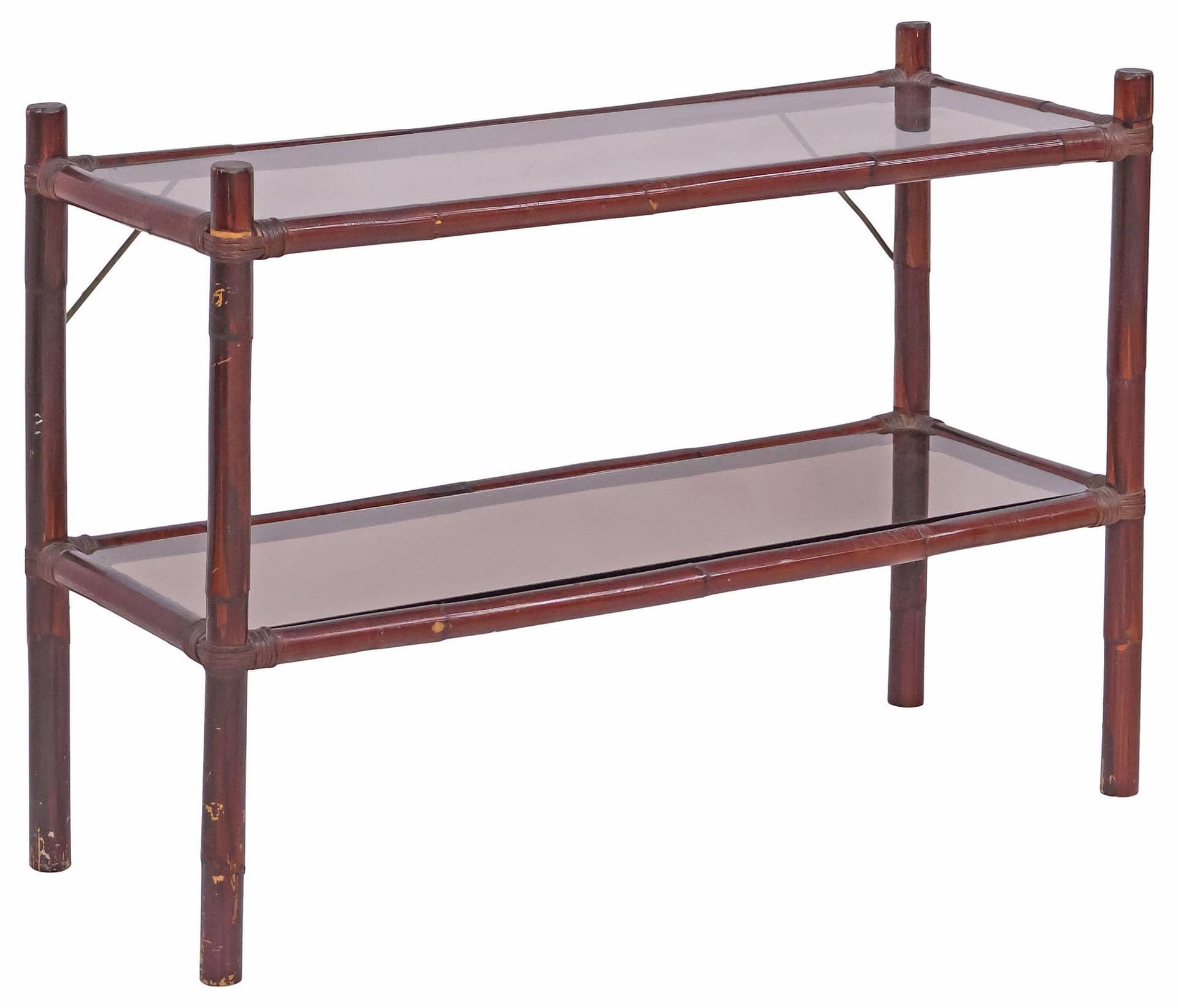 VINTAGE ITALIAN 2-TIER BAMBOO & SMOKED GLASS CONSOLE TABLE