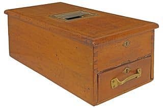 ENGLISH EDWARDIAN OAK SHOPKEEPER'S TILL / CASH DRAWER W/ BELL
