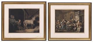 (2) ENGLISH PRINTS AFTER GEORGE MORELAND (D.1804) & WILLIAM HOGARTH (D.1764)