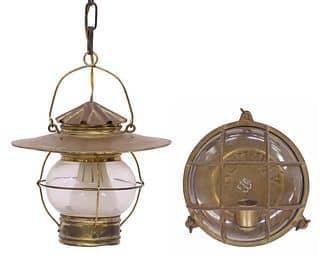 (2) CONTINENTAL MARITIME CAGED BRASS 1-LT LANTERN & BULKHEAD LAMP