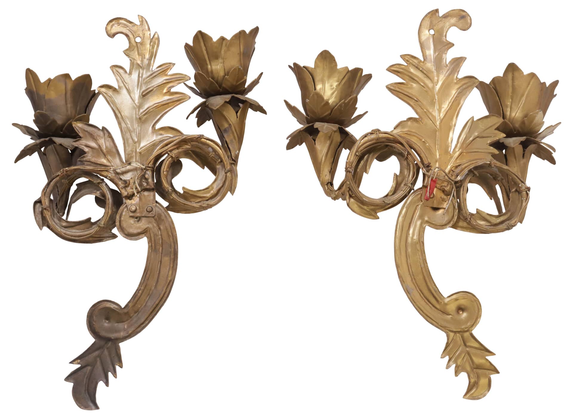 (2) ITALIAN GILT METAL SCROLLED 2-LIGHT WALL SCONCES