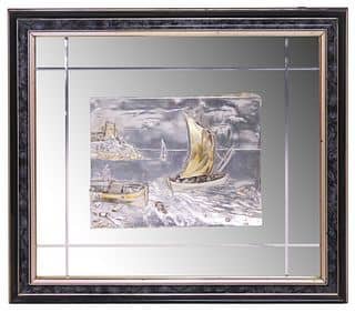 ITALIAN SILVER-CLAD BAS RELIEF PLAQUE IN MIRRORED FRAME, SAILBOAT SCENE