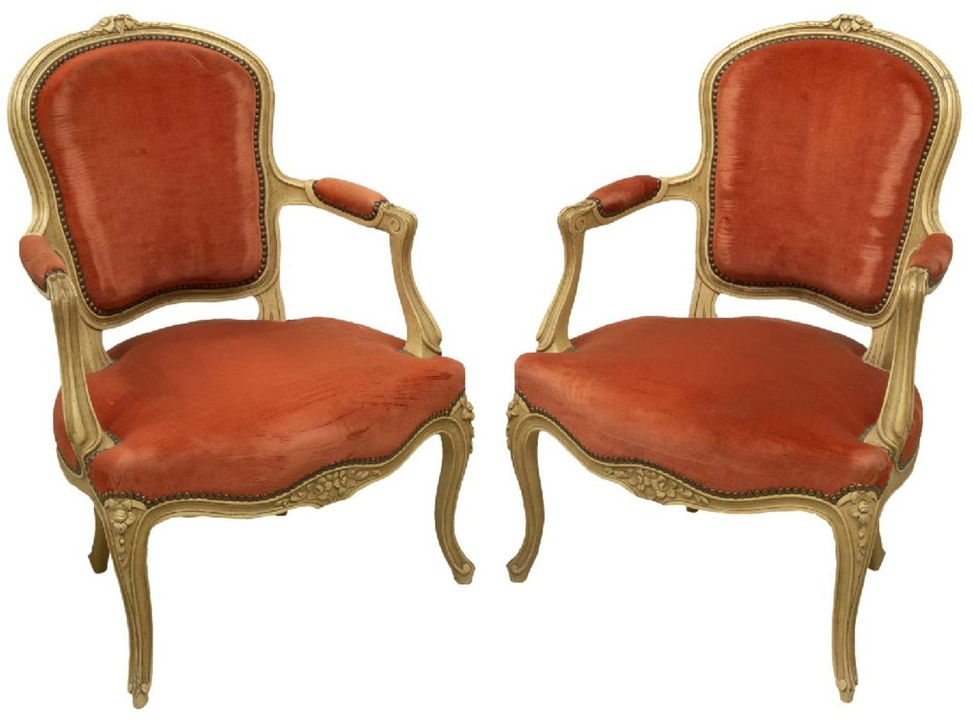 (2) FRENCH LOUIS XV STYLE FLORAL CARVED FAUTEUILS