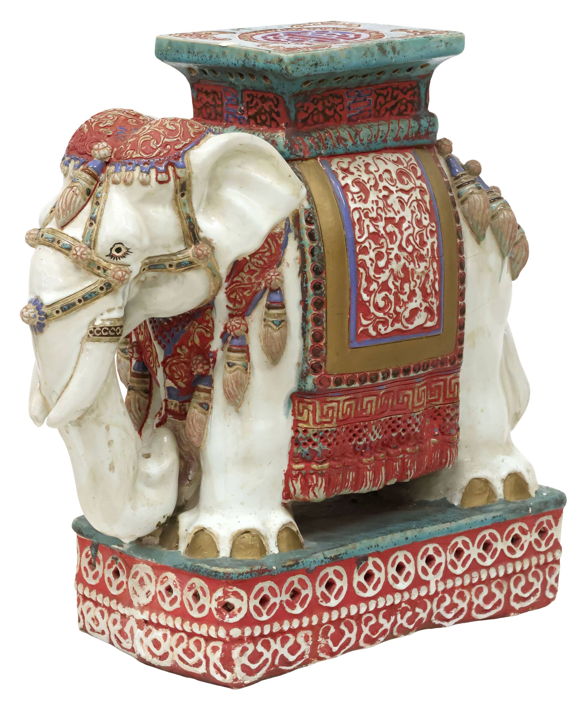 CHINESE POLYCHROME PORCELAIN CAPARISONED ELEPHANT, 21.5"H