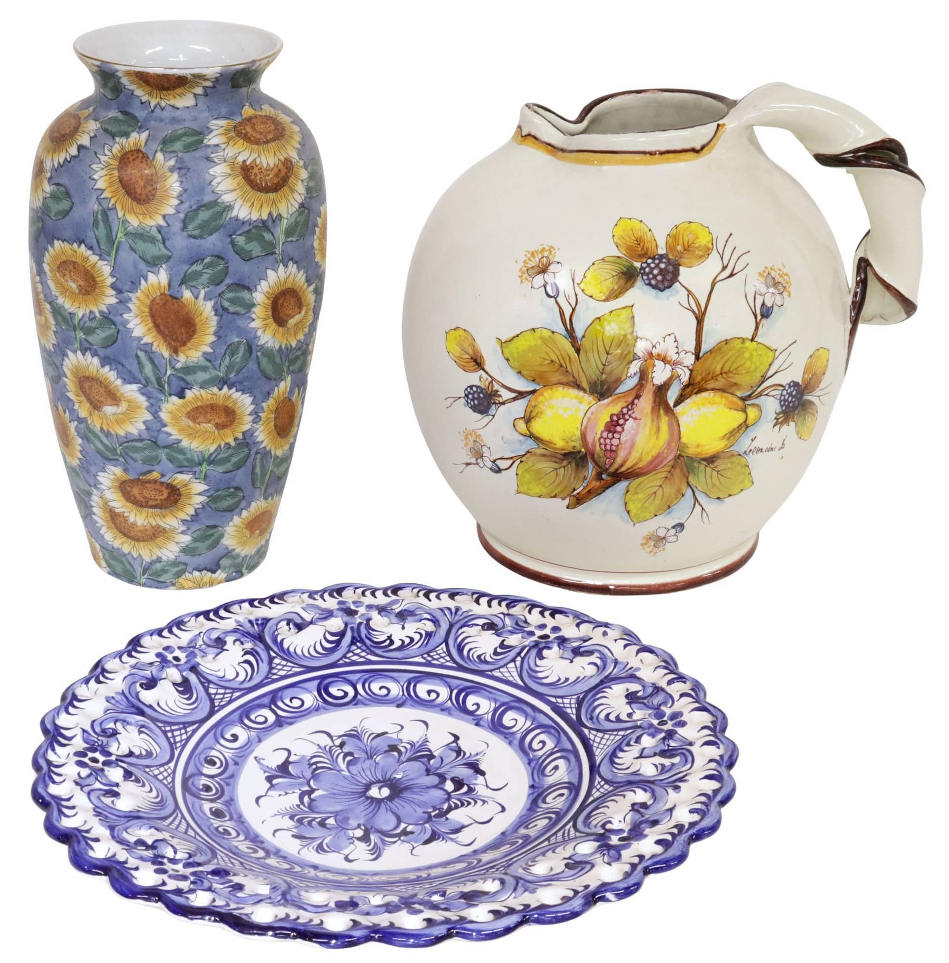 (3) MAJOLICA PITCHER, FAIENCE CHARGER & PORCELAIN VASE