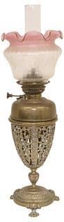ENGLISH VICTORIAN PIERCED BRASS & GLASS HURRICANE OIL LAMP